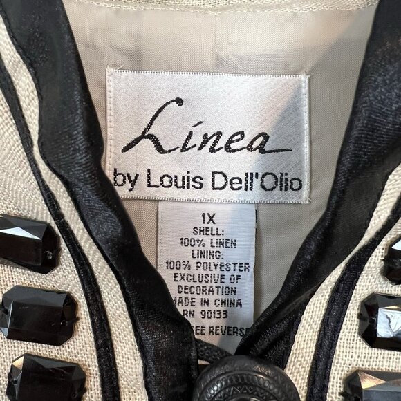 Linea Louis Dell'Olio Jacket Blazer Women Plus 1X Linen Cream Black Beaded - Picture 2 of 8